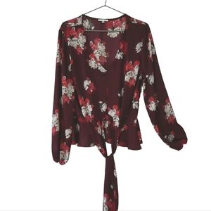 Maurices V Neck Long Sleeve Floral Blouse Top Tie Front Womens Size Large